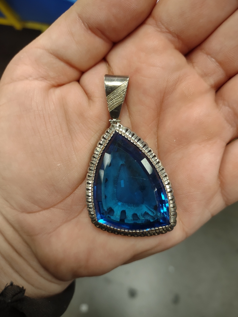 Large Blue Glass Sterling Silver Pendant